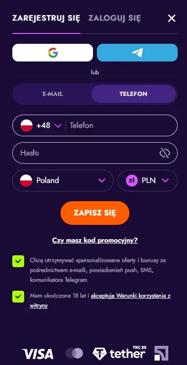 formularz rejestracyjny IrWin Casino drugi krok